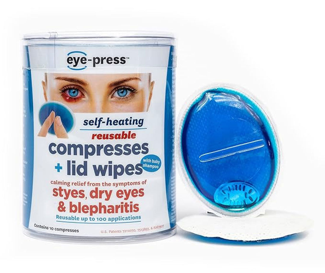 Eye-Press self-heating, reusable eye compress with packaging.