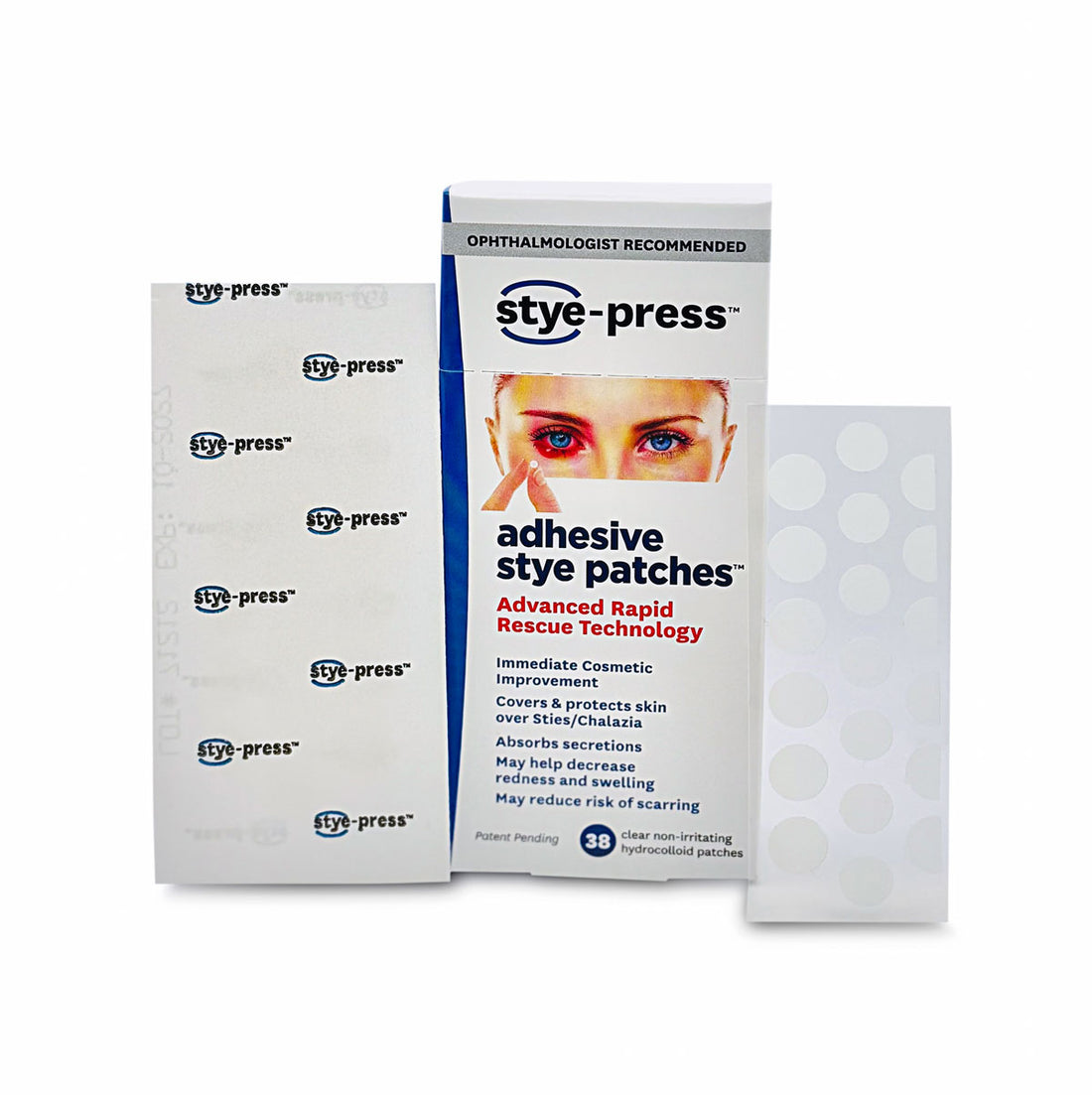 Stye-Press adhesive hydrocolloid patches for styes and chalazia with packaging.